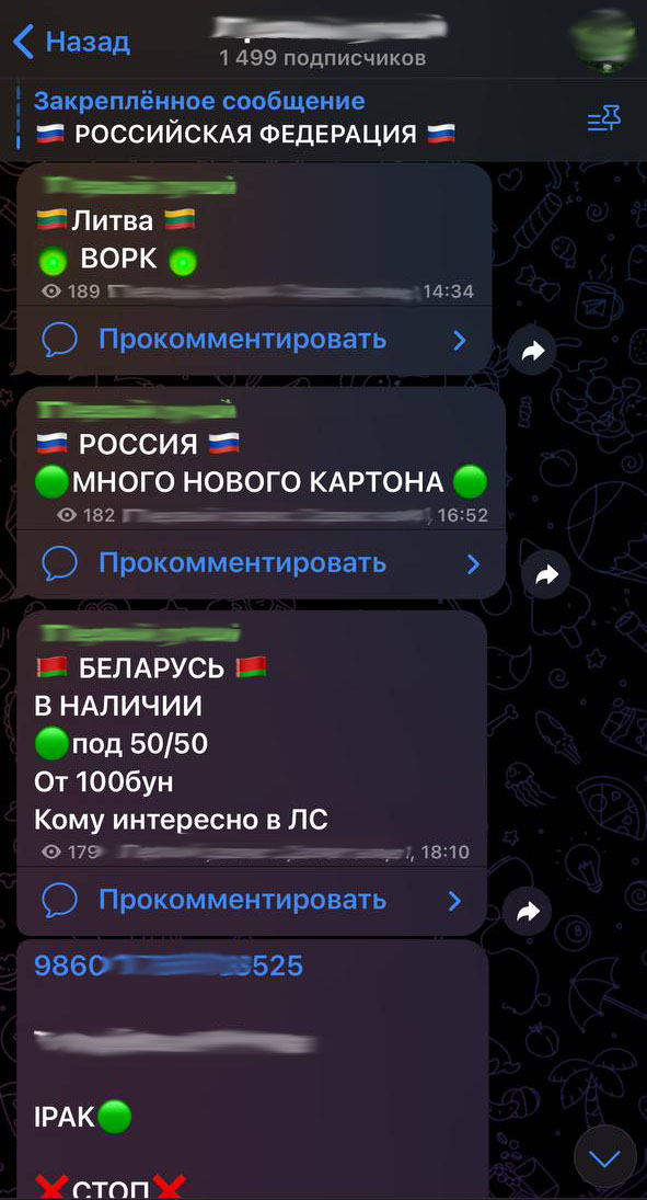Изображение 12. Закрытый телеграм-канал, осуществляющий торговлю реквизитами банковских карт и выступающий в качестве обнал-сервиса