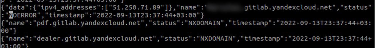 Вывод zdns: A-записи поддоменов gitlab.yandexcloud.net — один NOERROR и два NXDOMAIN