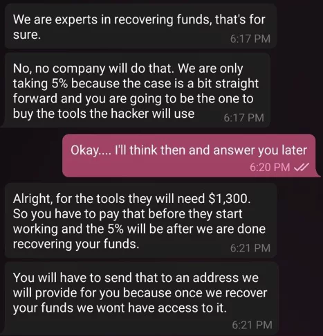 Предложение купить инструмент для возврата криптовалюты за $1300