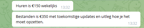 Переписка в Telegram: аренда панели — 150 евро в неделю, файлы панели — 350 евро