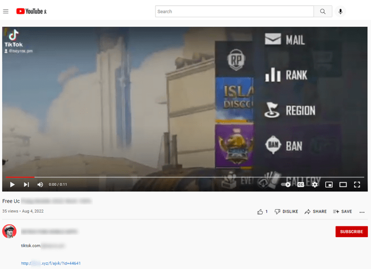 Ролик на YouTube с фишинговой ссылкой в описании под видом бесплатной внутриигровой валюты