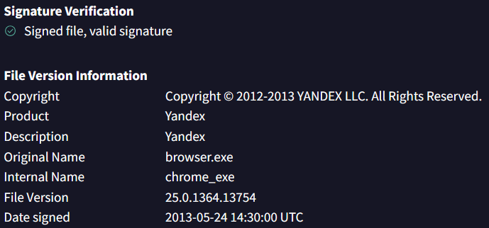 Цифровая подпись Yandex у легитимного исполняемого файла
