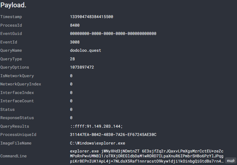 Рисунок 2. Событие, свидетельствующее об обращении к домену dodoloo[.]quest от процесса explorer.exe