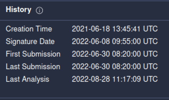 Изображение 2. Даты компиляции и загрузки на VirusTotal файла SHA1:53ce7a2850e27465f3aae3cc2fae1a3ec1b6a640