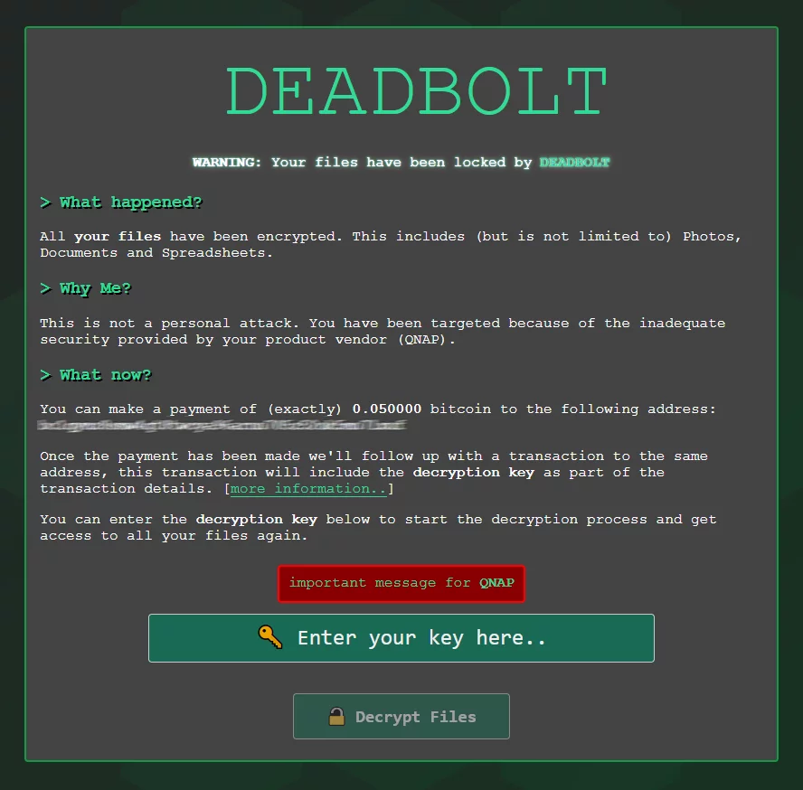 Сообщение DeadBolt с требованием выкупа, размещенное в веб-интерфейсе NAS-устройства