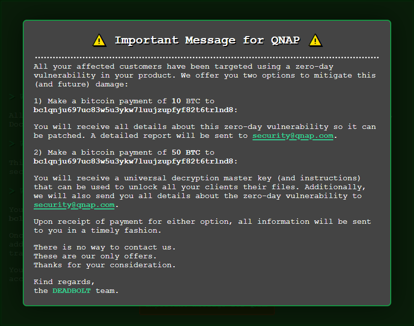Сообщение DeadBolt для производителя NAS-устройства — QNAP