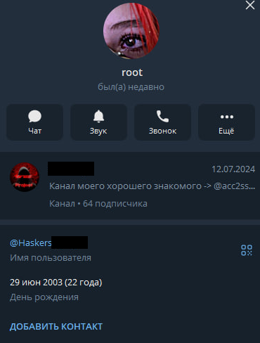 Рис. 7 — Скриншот профиля Telegram-аккаунта @Haskers***