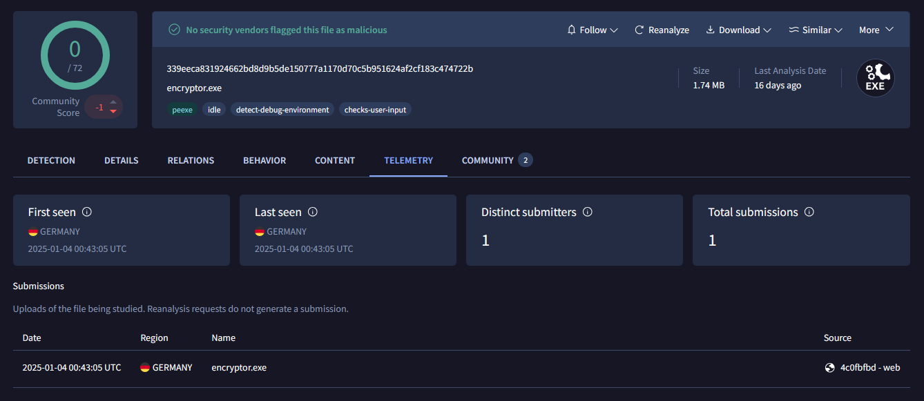 Рис. 2. Информация о загрузке на портал VirusTotal самой первой версии PE32