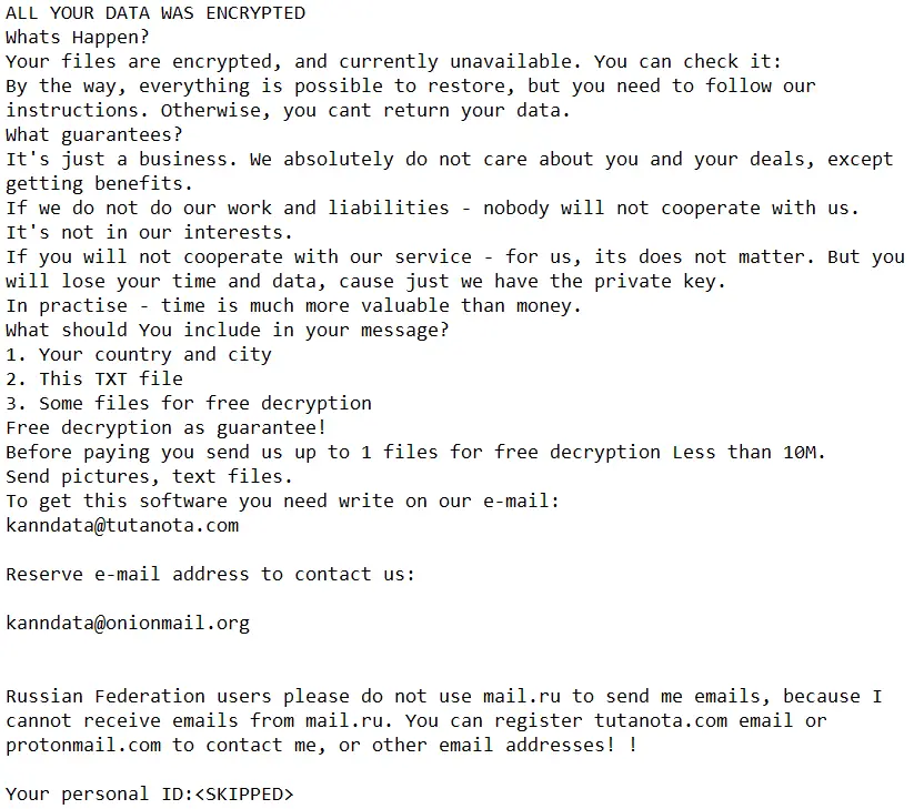 Рис. 1. Содержимое текстового файла how_to_decrypt.txt, созданного программой-вымогателем kann