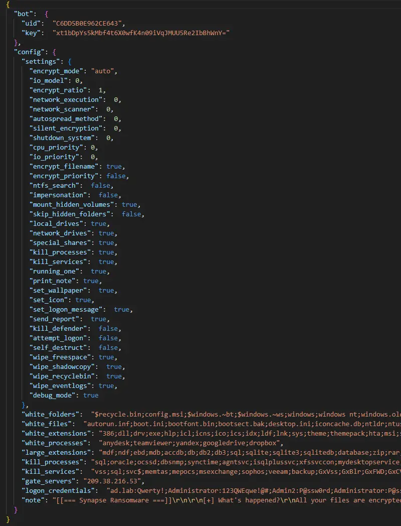 Рис. 7. Конфигурация программы-вымогателя Synapse в формате JSON.