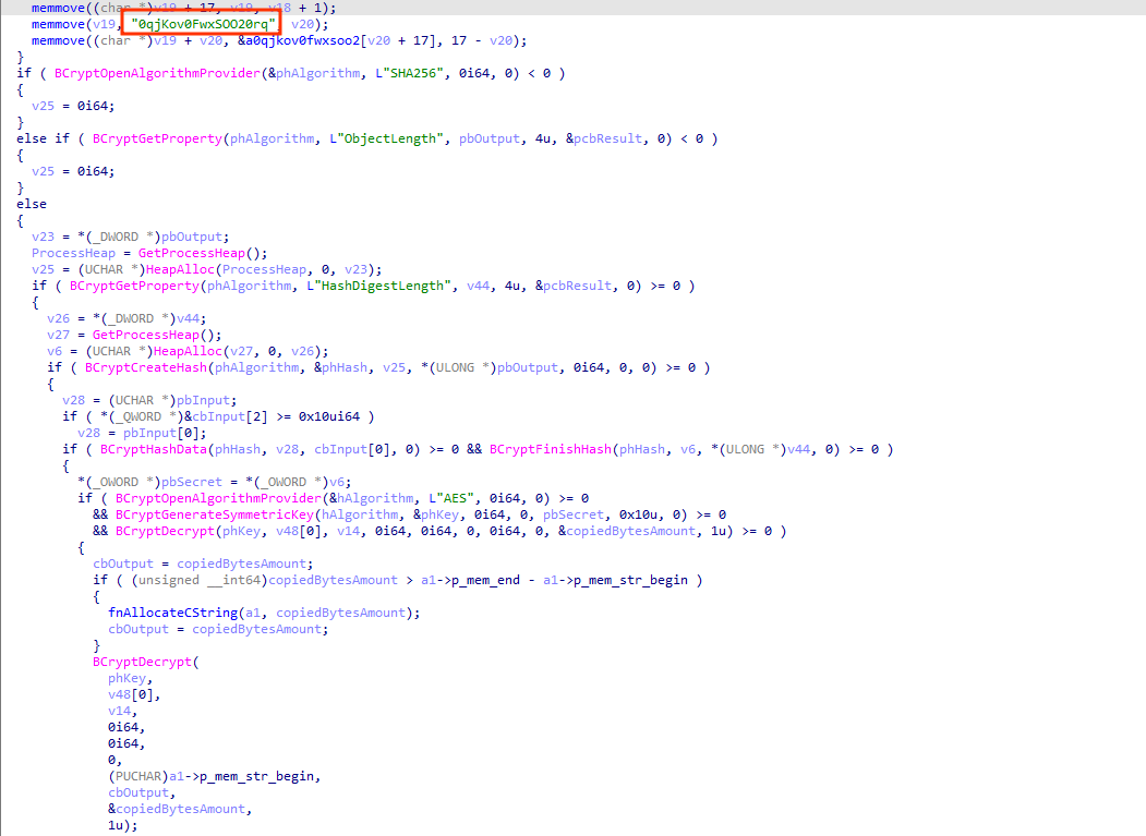 Рис.9 Код расшифровки строк RedCurl.Downloader. Красной рамкой выделена часть строки, из которой путем конкатенации получается ключ (май 2023)