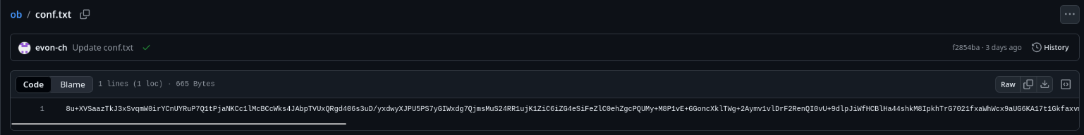 Рисунок 4 — Зашифрованная конфигурация rclone в репозитории злоумышленника