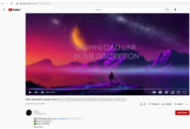 Видео на YouTube с обзором взломанного плагина Sapphire: в кадре надпись «Download link in the discription», в описании ссылка на telegra.ph и пароль к архиву
