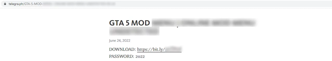 Страница на telegra.ph с заголовком «GTA 5 MOD»: ссылка на скачивание через bit.ly и пароль к архиву