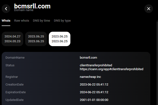 Изображение 1. Информация о доменном имени bcmsrll[.]com