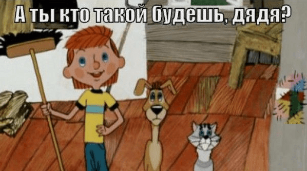 Мем: кадр из мультфильма «Трое из Простоквашино» с подписью «А ты кто такой будешь, дядя?»