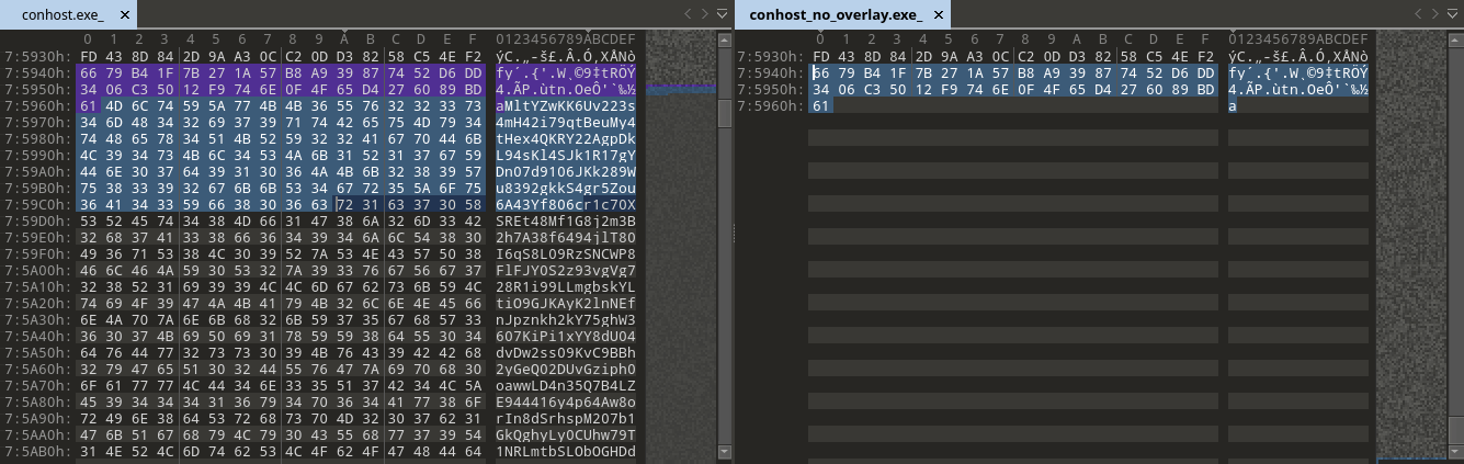Сравнение hex-дампов conhost.exe с оверлеем и без него