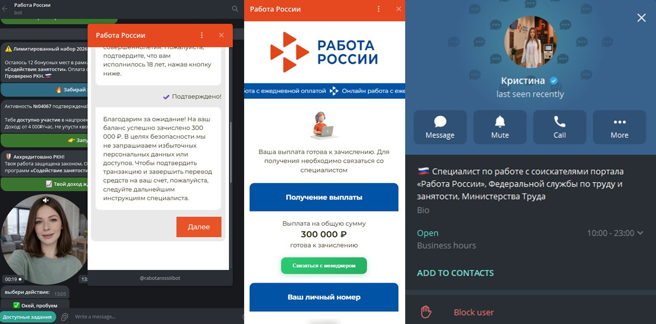 Экран мошеннического бота с «зачисленной» выплатой 300 000 рублей и аккаунт «специалиста по работе с соискателями»