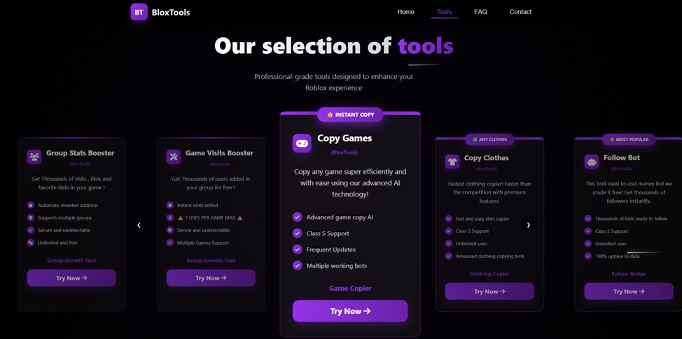 Главная страница мошеннического сайта BloxTools с карточками инструментов для копирования игр и одежды в Roblox
