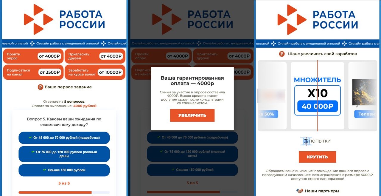 Экраны фальшивого сайта «Работа России»: опрос с заданиями, обещание оплаты 4000 рублей и барабан с множителем