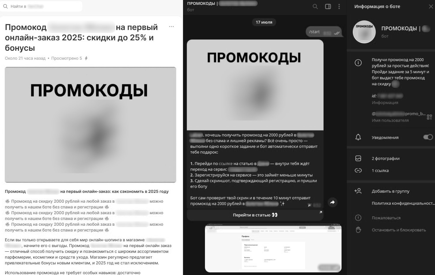 Статья с предложением промокода и сообщение мошеннического Telegram-бота