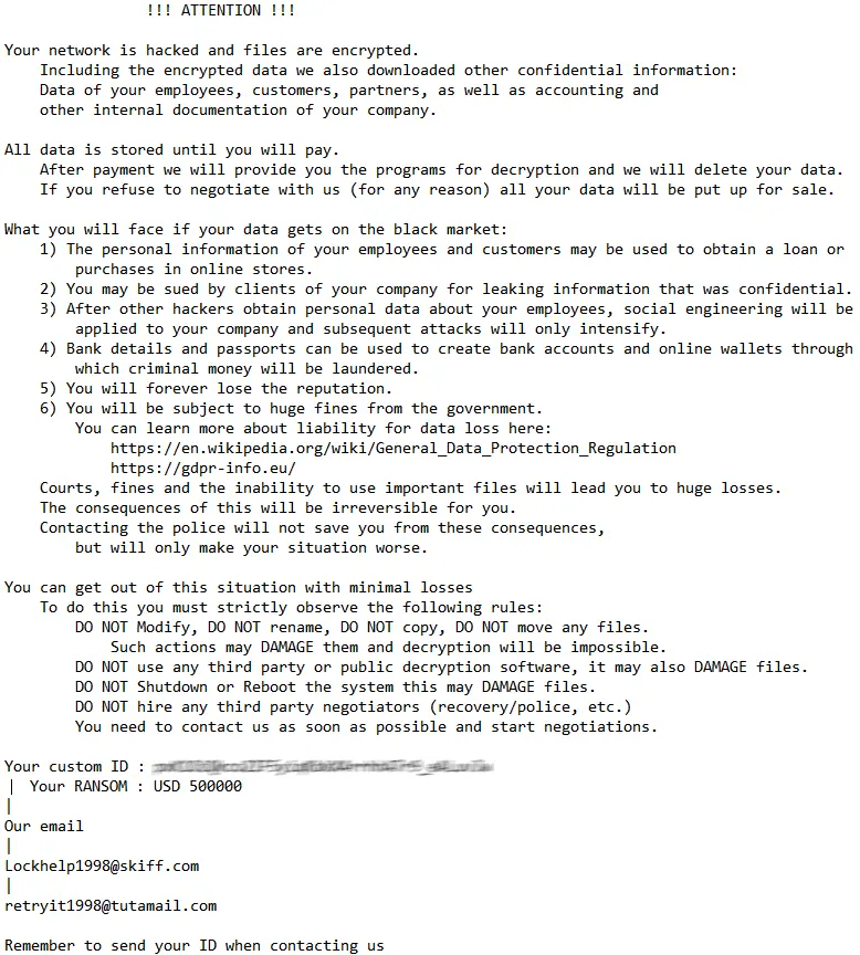 Содержимое текстового файла с требованием выкупа